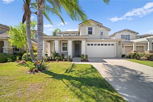 view of front facade with a front yard and a garage