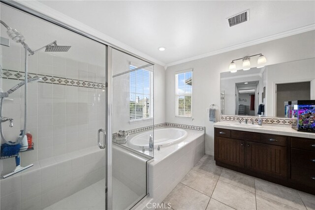 bathroom with tile patterned floors, vanity, crown molding, and plus walk in shower