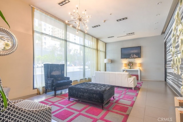 living room featuring a chandelier