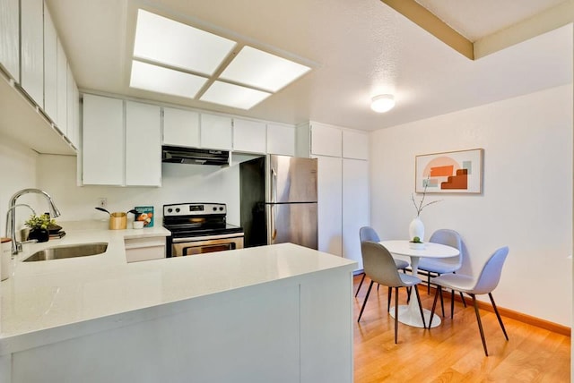 kitchen with sink, white cabinets, kitchen peninsula, and appliances with stainless steel finishes