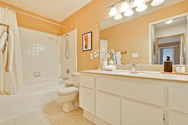 full bathroom with shower / bath combo with shower curtain, tile patterned floors, toilet, and vanity