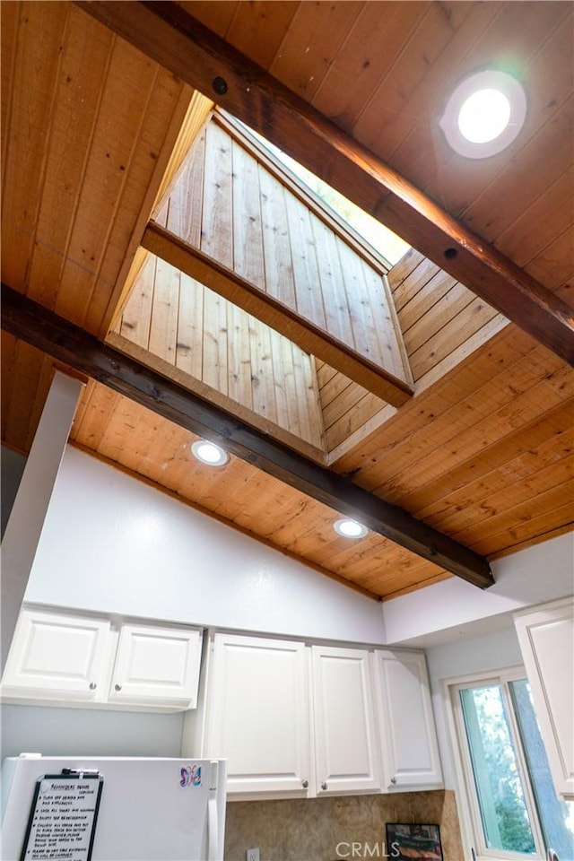 interior details featuring white cabinetry, beam ceiling, decorative backsplash, and wooden ceiling