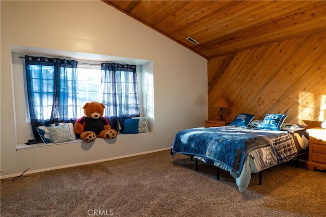 carpeted bedroom with vaulted ceiling and wooden ceiling