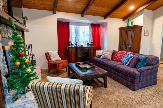 living room featuring lofted ceiling with beams, wooden ceiling, and carpet flooring