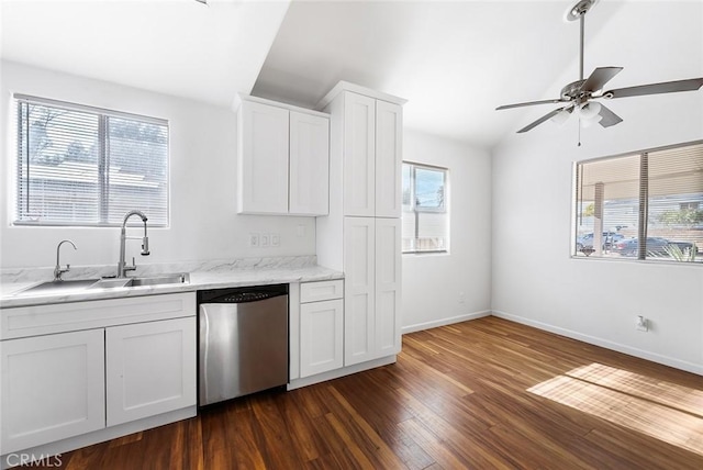 kitchen featuring white cabinetry, dishwasher, a healthy amount of sunlight, and sink