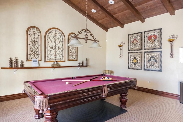 rec room with wooden ceiling, light colored carpet, pool table, and vaulted ceiling with beams