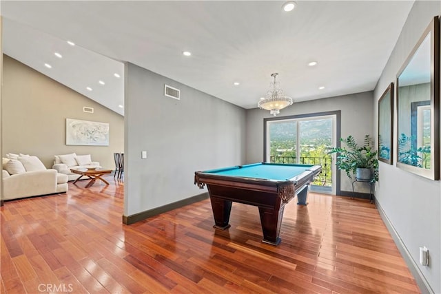 rec room with hardwood / wood-style floors and pool table