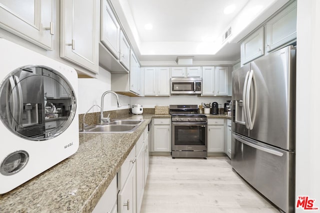 kitchen featuring a raised ceiling, sink, light hardwood / wood-style flooring, appliances with stainless steel finishes, and washer / clothes dryer