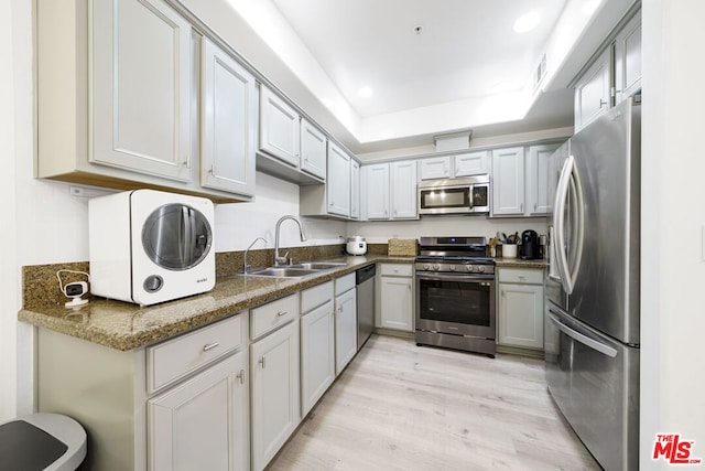 kitchen with gray cabinetry, a raised ceiling, sink, light wood-type flooring, and appliances with stainless steel finishes