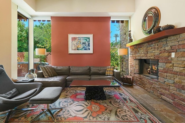 living room with a fireplace