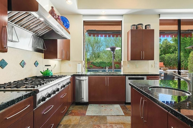 kitchen featuring appliances with stainless steel finishes, sink, range hood, and tasteful backsplash