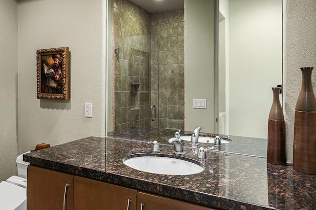 bathroom with vanity, toilet, and a shower with shower door