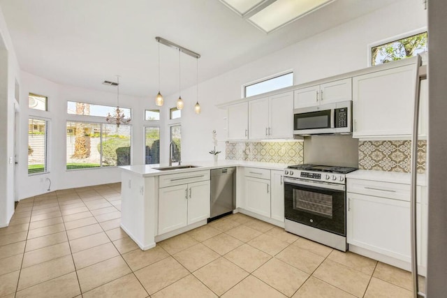 kitchen featuring sink, kitchen peninsula, pendant lighting, white cabinets, and appliances with stainless steel finishes