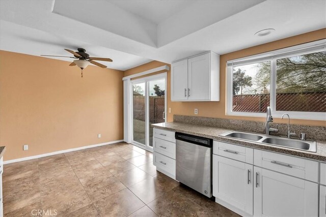 kitchen with white cabinetry, stainless steel dishwasher, ceiling fan, and sink