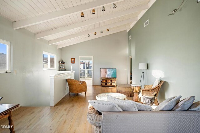 living room featuring beam ceiling, wood ceiling, light hardwood / wood-style floors, and high vaulted ceiling