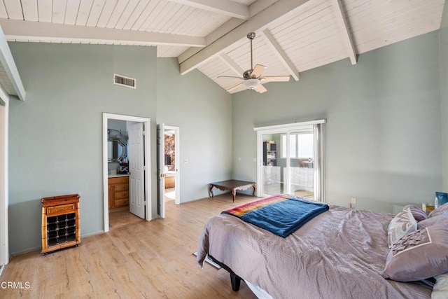 bedroom featuring high vaulted ceiling, ensuite bath, light hardwood / wood-style flooring, ceiling fan, and beam ceiling