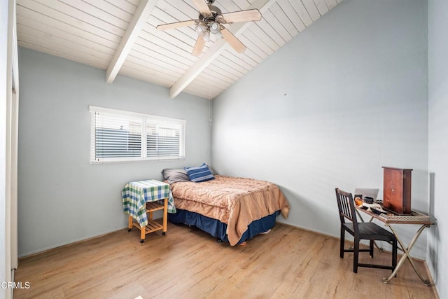 bedroom featuring vaulted ceiling with beams, light hardwood / wood-style floors, wood ceiling, and ceiling fan