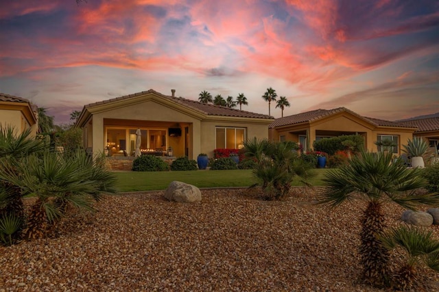 back house at dusk featuring a lawn