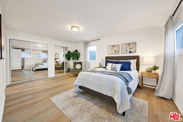 bedroom with hardwood / wood-style floors and two closets