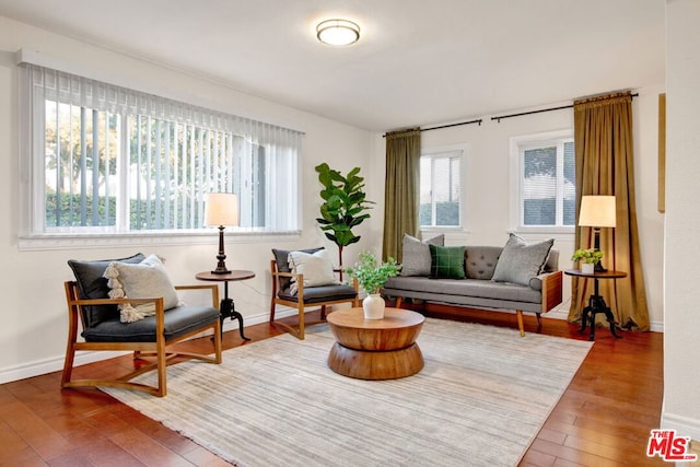 living area featuring hardwood / wood-style flooring and a healthy amount of sunlight