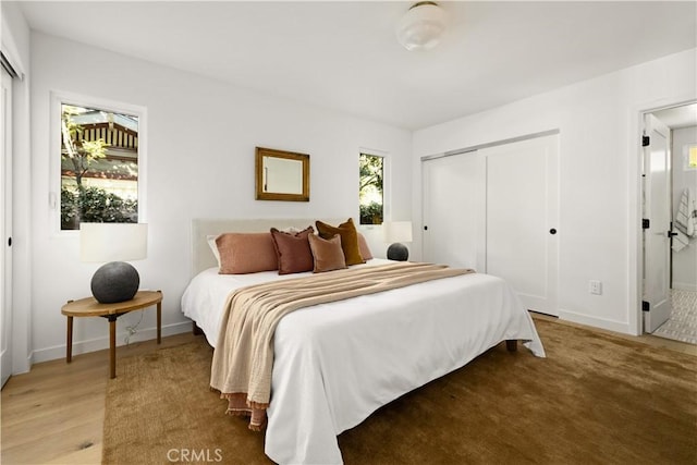 bedroom featuring wood-type flooring and a closet