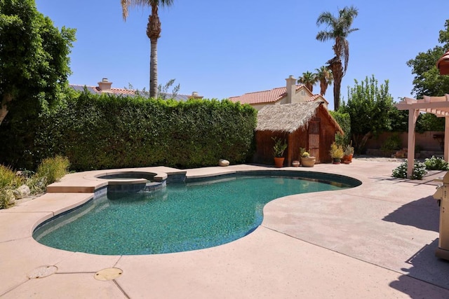 view of swimming pool featuring an in ground hot tub, a pergola, and a patio