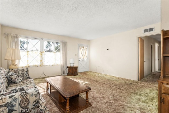 living room featuring a textured ceiling and carpet floors