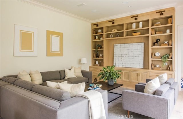 living room with ornamental molding