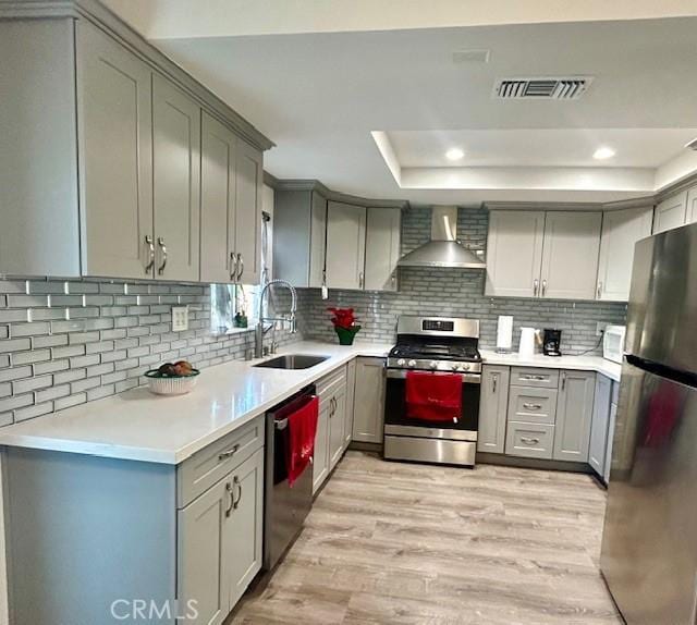 kitchen featuring appliances with stainless steel finishes, light wood-type flooring, tasteful backsplash, wall chimney exhaust hood, and sink