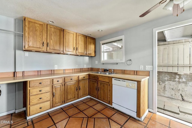 kitchen featuring ceiling fan, tile patterned floors, sink, and white dishwasher