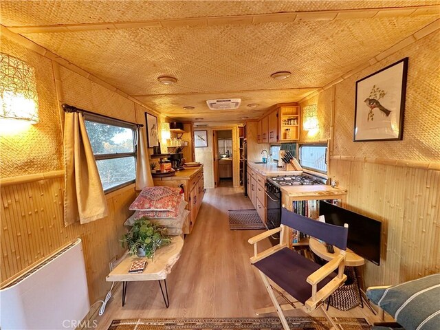 interior space featuring sink, gas stove, wood walls, light hardwood / wood-style flooring, and radiator