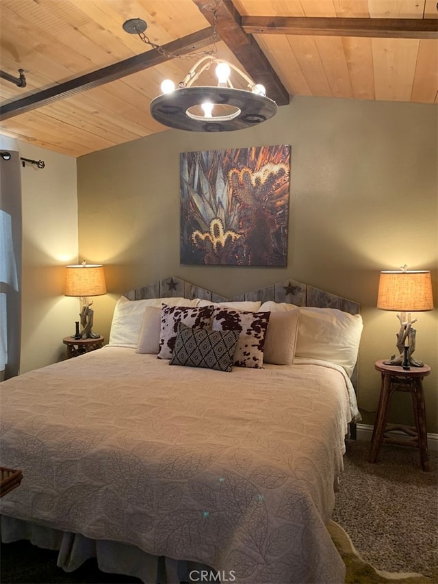 bedroom with vaulted ceiling with beams, wood ceiling, and carpet flooring