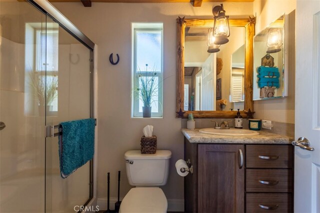 bathroom with vanity, a wealth of natural light, a shower with shower door, and toilet