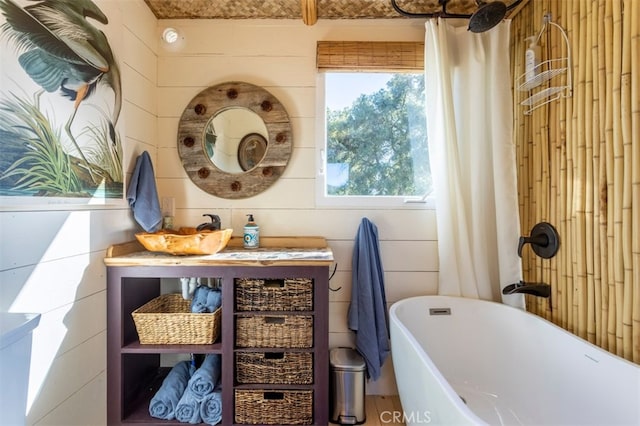 30415 Chihuahua Valley Rd, Warner Springs, CA 92086 - bathroom featuring a shower with curtain, a freestanding bath, and vanity