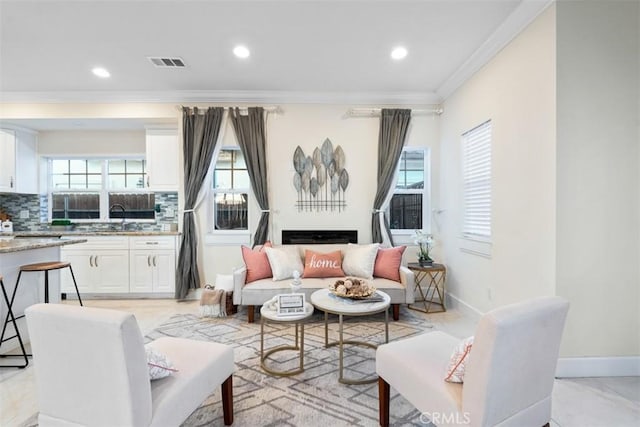 living room with ornamental molding and sink