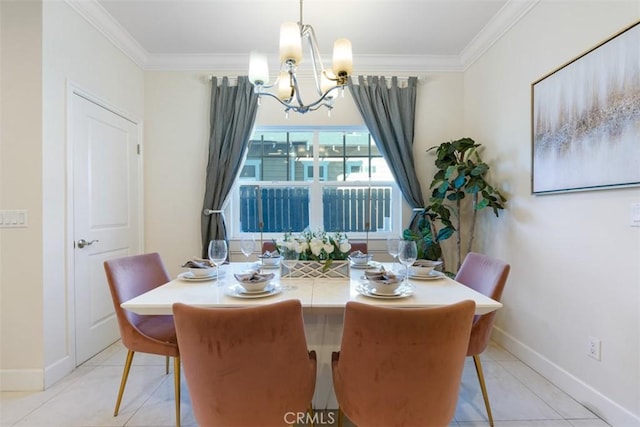 tiled dining room with crown molding and an inviting chandelier