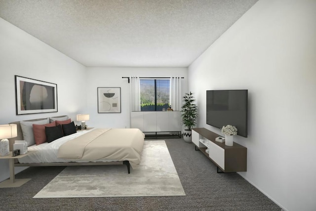 bedroom with a baseboard heating unit, a textured ceiling, and dark colored carpet