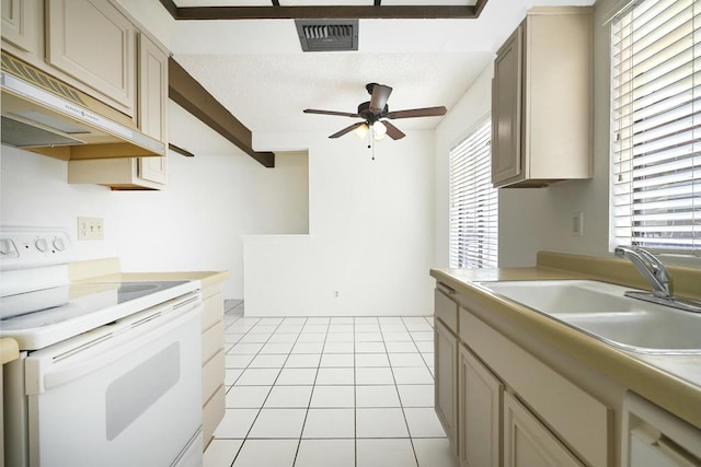 kitchen featuring ceiling fan, white electric range, light tile patterned floors, and sink