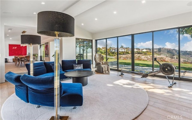 living room with wood-type flooring and lofted ceiling