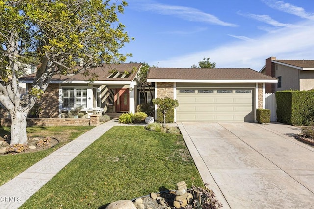 single story home featuring a front lawn and a garage