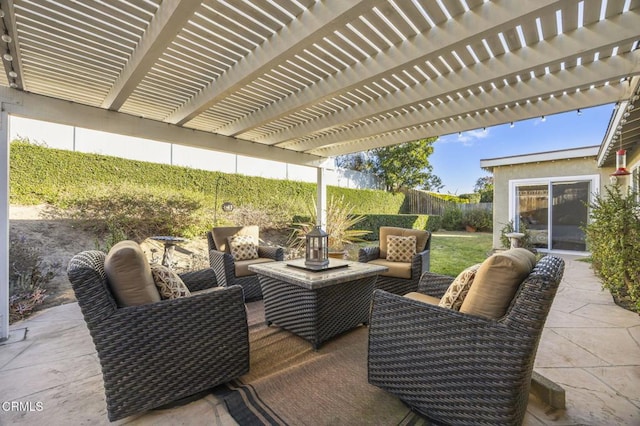 view of patio / terrace with an outdoor hangout area and a pergola