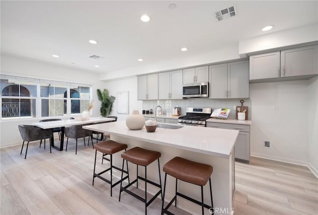 kitchen featuring a kitchen bar, sink, appliances with stainless steel finishes, an island with sink, and gray cabinetry