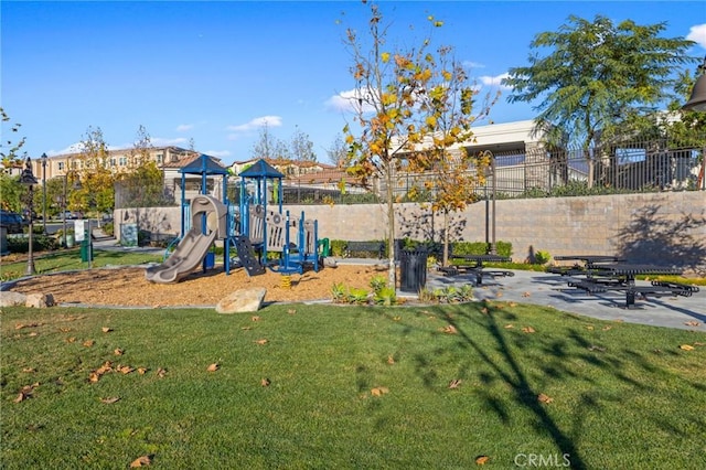 view of jungle gym featuring a yard