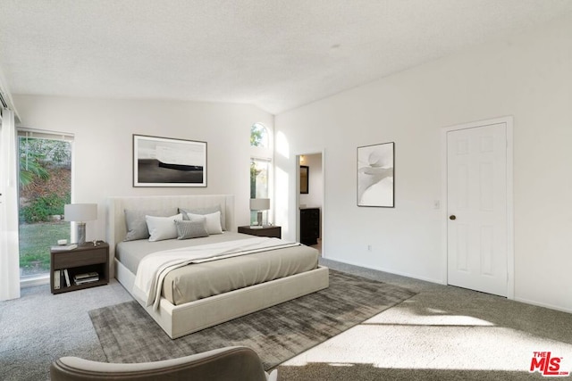 bedroom with a textured ceiling, ensuite bathroom, carpet floors, and vaulted ceiling