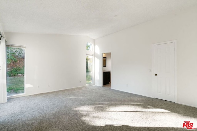 unfurnished room featuring carpet, a textured ceiling, and vaulted ceiling