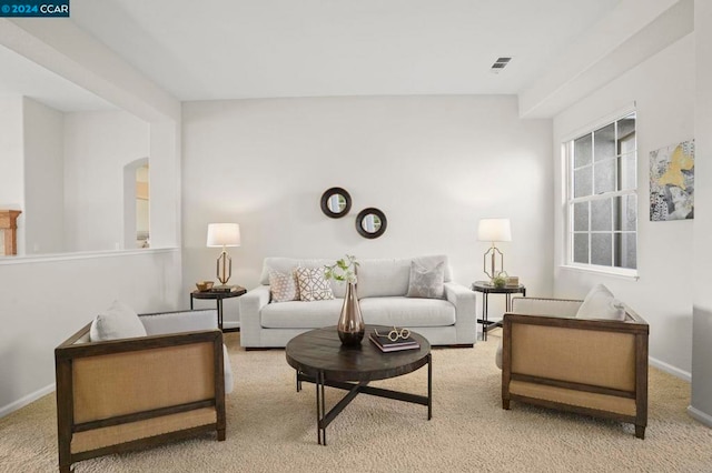 living room featuring light colored carpet