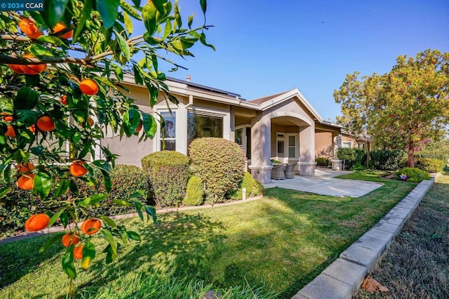 rear view of house featuring a lawn and a patio area