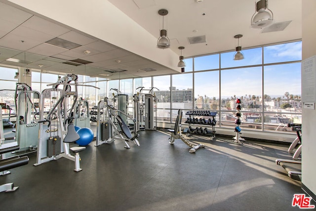 workout area with a healthy amount of sunlight and a wall of windows