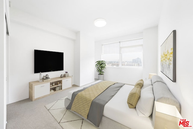 bedroom with light colored carpet