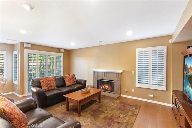 living room with wood-type flooring and a fireplace